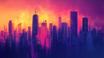 Fototapeta premium The city view glows under a blend of radiant sunset hues, merging colors into a harmonious cityscape, adding depth and vibrancy to an urban horizon.