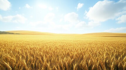 Obraz premium Vast golden wheat field under a blue sky with fluffy clouds, creating a serene rural landscape.