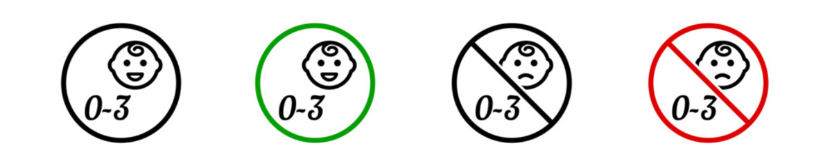 Age suitability indicators for products intended for children aged 0-3 years. Green icons confirm use for children 0-3 years. Modern icon forbidden baby in vector design style