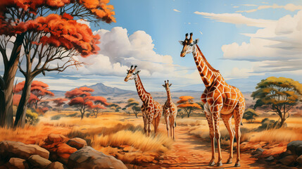 African safari scene with giraffes among acacia trees under a bright blue sky