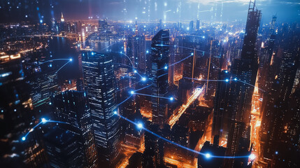 Fototapeta premium Smart digital Innovation city Business skyscrapers in the Financial District with connection network reciprocity over the cityscape at night time of future smart wireless social media networking 