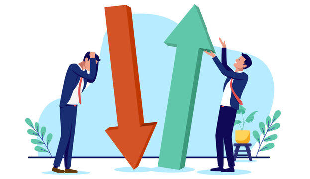 Business competition - Business people with arrow going down and up, income vs loss and failure versus winning concept in flat design vector illustration on white background