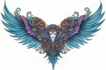 Colorful Angel Tattoo in Turquoise and Purple with Elegant Details