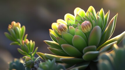 Fototapeta premium Lush green succulent with vibrant blooms, illuminated by soft sunlight, creating a serene and tranquil atmosphere.