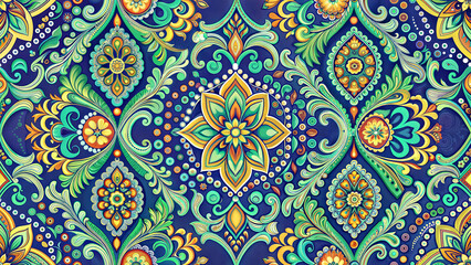 Vintage wallpaper design 70s with floral ogee pattern, green blue color