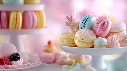 Colorful Macarons and Pastries on Pastel Tablecloth