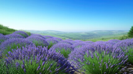 Obraz premium Vibrant fields of lavender in full bloom, showcasing a serene landscape under a clear blue sky.