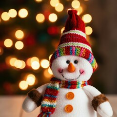 Smiling snowman plush toy, colorful knit hat and scarf, Christmas sweater, festive bokeh lights background, warm glowing atmosphere, close-up portrait, holiday cheer, cozy winter scene, soft focus, vi