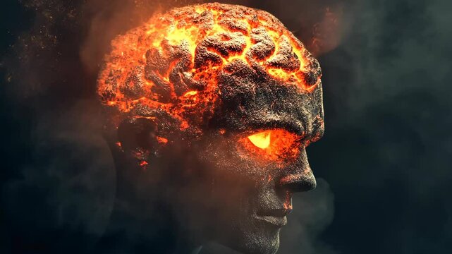 A fiery head with a glowing eye looks intensely toward the right, surrounded by smoke and embers