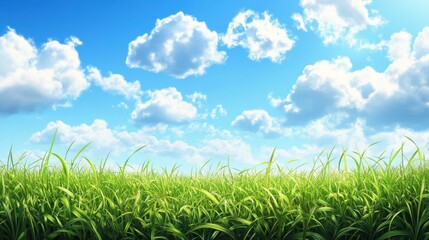 Fototapeta premium Lush green grass under a bright blue sky filled with fluffy white clouds.