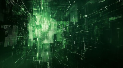 Fototapeta premium Image depicting a futuristic green digital grid with abstract design patterns, symbolizing connectivity and complexity in a modern, advanced digital framework.