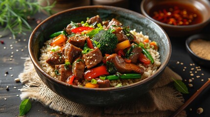 Fototapeta premium A savory stir-fry featuring beef and vibrant vegetables over brown rice, beautifully presented in a rustic bowl, capturing a concept of healthy and flavorful Asian cuisine.