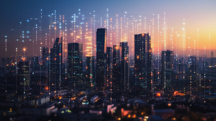 Obraz premium Smart digital Innovation city Business skyscrapers in the Financial District with connection network reciprocity over the cityscape. of future smart wireless digital city and social media networking 