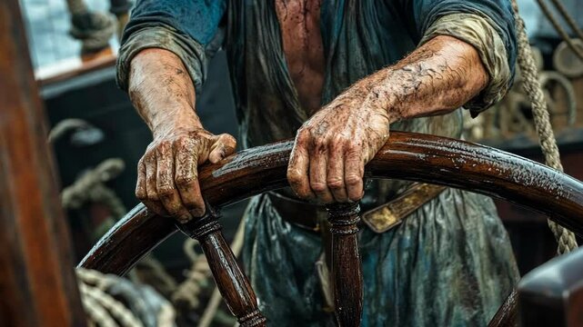 A weathered sailor grips the ship's wheel with calloused hands