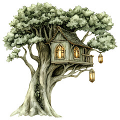 A Treehouse Nestled in the Branches of a Tall Ancient Tree with Soft Green Leaves and Glowing Lanterns