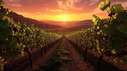 Naklejka premium Breathtaking sunset illuminating a vineyard, showcasing lush green vines and ripe grapes against a vibrant sky.