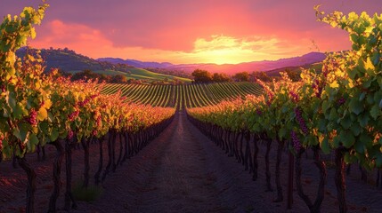 Naklejka premium A vibrant sunset casts warm hues over lush vineyards, creating a serene landscape with rows of grapes and hills in the distance.
