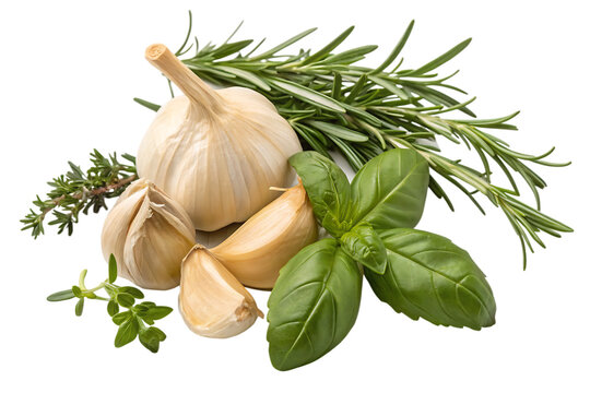 recommend clip art: Garlic and herbs on white background.AI GENERATED