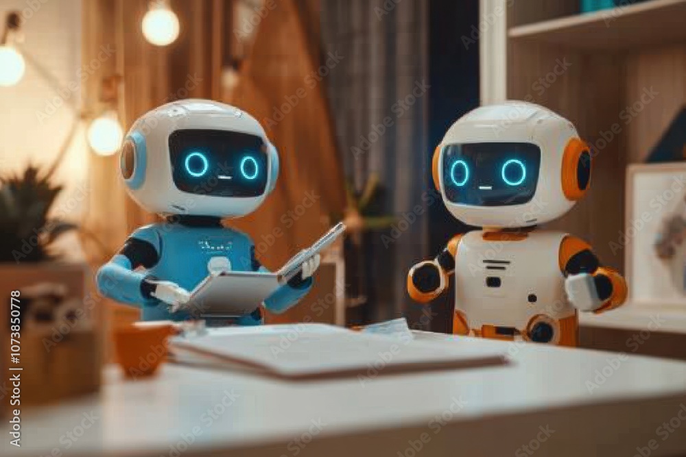 Poster two cheerful robot assistants interact while helping children with creative activities in a lively, 