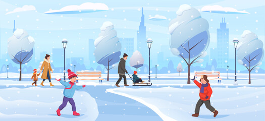 A cheerful winter park scene featuring children playing and adults walking, in a snowy city background. Vector illustration