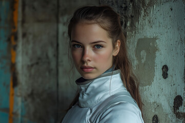 Young fencer in protective gear stands against weathered wall, showcasing determination and focus before a match. Generative AI