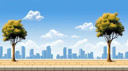Retro Pixel Cityscape Illustration in 8 Bit Style