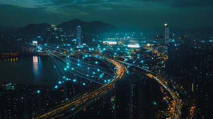 Smart digital Innovation city Business skyscrapers in the Financial District  with connection network reciprocity over the cityscape. of future smart wireless digital city and social media networking 