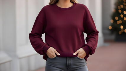 Woman wearing blank maroon sweatshirt, standing on the street in the city. background. aesthetic pullover mock up for Christmas, holiday