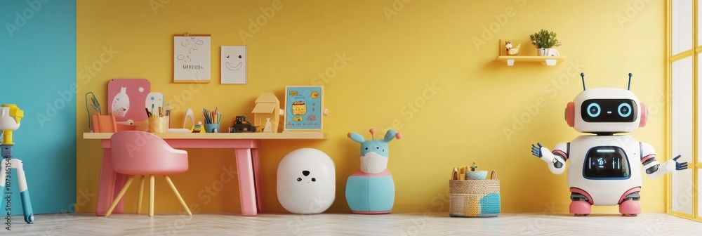 Poster the children's room is lively and colorful, featuring friendly robot assistants that enhance play an