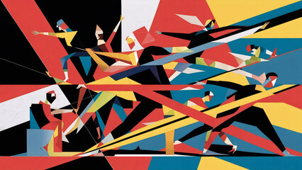 Wallpaper. Graffiti. Several fragmented, stylized human forms in various poses are depicted. These figures are made up of different shapes and colors, giving them a multi-dimensional appearance