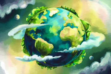 Vibrant painting of the Earth surrounded by clouds and planets on a colorful background