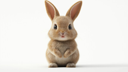 Obraz premium A fluffy 3D render of a tiny rabbit with big ears, sitting upright with a curious expression, on a white background