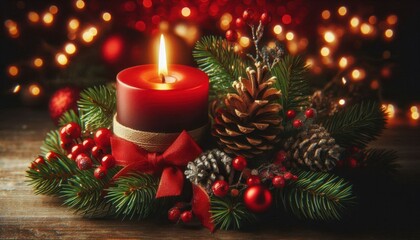 Christmas ambiance, glowing candle, pine cones, fir branches, red ornaments, bokeh lights, warm golden light, festive atmosphere, cozy holiday scene, glass candle holder, soft focus background, rich r