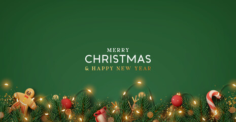 Christmas border with fir branches, decoration ornaments elements on green background. Realistic 3d design. Bright Christmas and New Year background light garlands, gold confetti. Vector illustration