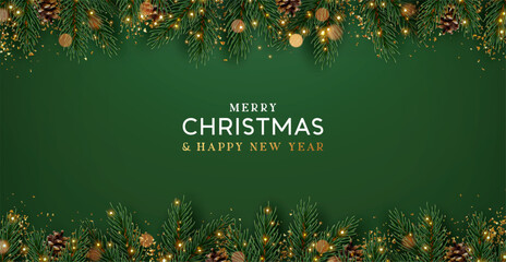 Christmas decoration border with fir branches and golden glitter confetti and sparkles of lights blur bokeh on green background. Bright Christmas and New Year design holiday frame. Vector illustration