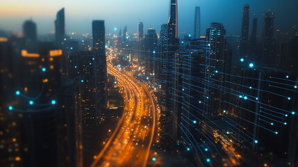 Smart digital Innovation city Business skyscrapers in the Financial District  with connection network reciprocity over the cityscape. of future smart wireless digital city and social media networking 