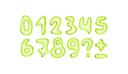 Set of shiny pink bubble style numbers and symbols on white background. Playful glossy digits ranging from 0 to 9, additional punctuation marks. Realistic 3d design. Vector illustration