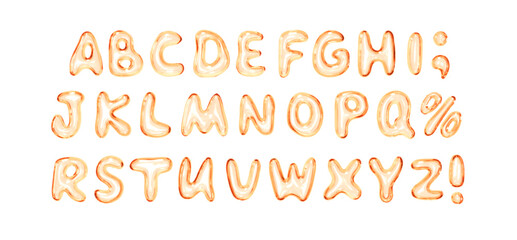 Letters made of glass material. Set of fonts with realistic 3d glass liquid effect, consisting of uppercase letters, special symbols. Complete alphabet Ideal for modern design. Vector illustration
