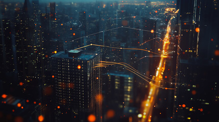 Smart digital Innovation city Business skyscrapers in the Financial District  with connection network reciprocity over the cityscape. of future smart wireless digital city and social media networking 