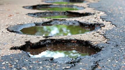 Obraz premium A cracked road with potholes and water puddles