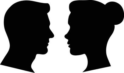 Vector profile silhouettes of a man and a woman looking into each other's eyes. Face of a man and a woman, side view. Man and woman opposite each other