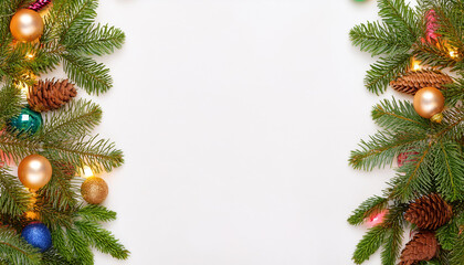 Illustrated mockup, Christmas theme border, with free space for text. White plane background, fir tree branches on the upper side, golden christmas balls.