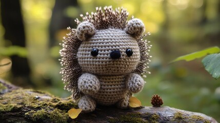 Obraz premium An adorable crocheted hedgehog toy poses on a moss-covered log in a forest setting, with detailed stitching and a cute expression that exudes charm and warmth.
