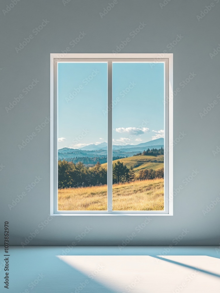 Aufkleber a tranquil view through a spacious window showcases a lush landscape filled with hills and blue skie