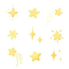 Set of star icons in flat vector style isolated on white background. Collection of illustrations of twinkling stars. Sparks, shining explosion and shooting stars in doodle style.