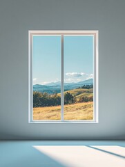 A tranquil view through a spacious window showcases a lush landscape filled with hills and blue skies, creating a peaceful atmosphere. Generative AI