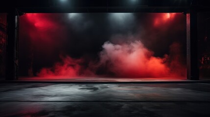 Empty dark stage, neon lights and spotlights. A concrete floor and a smoke-filled studio room raise the texture of the interior for product demos
