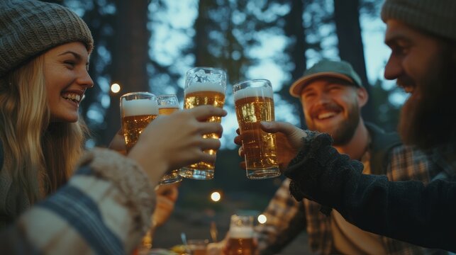 Young hipsters enjoying music, food, and beverages together at a campsite—a travel and youth culture concept—happy friends toasting beers during a barbeque camping party