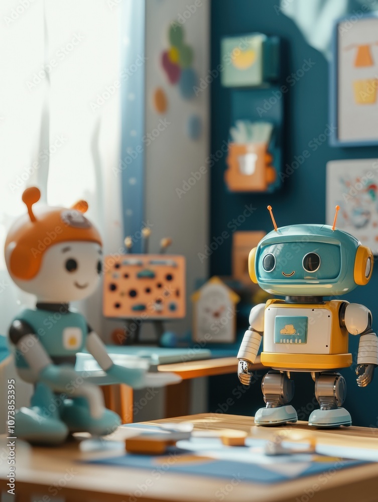 Aufkleber friendly robot assistants are interacting in a vibrant children's room filled with colorful decorati