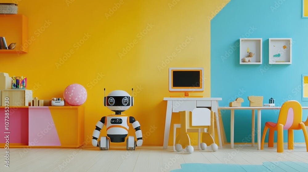 Aufkleber brightly colored walls create a playful atmosphere in a kids' room with friendly robots, toys, and a